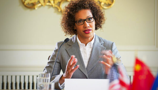 National security advisor speaking at her desk